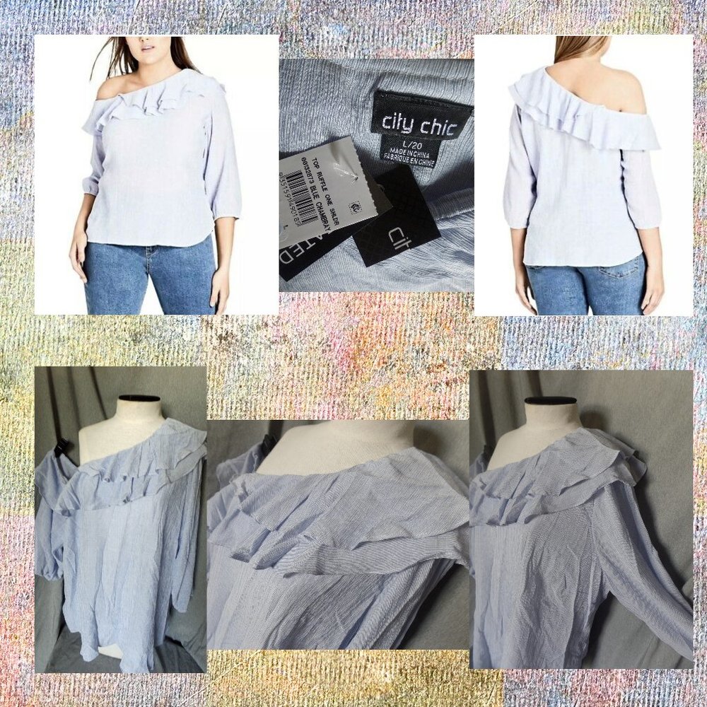 One Shoulder Ruffle Blue Blouse